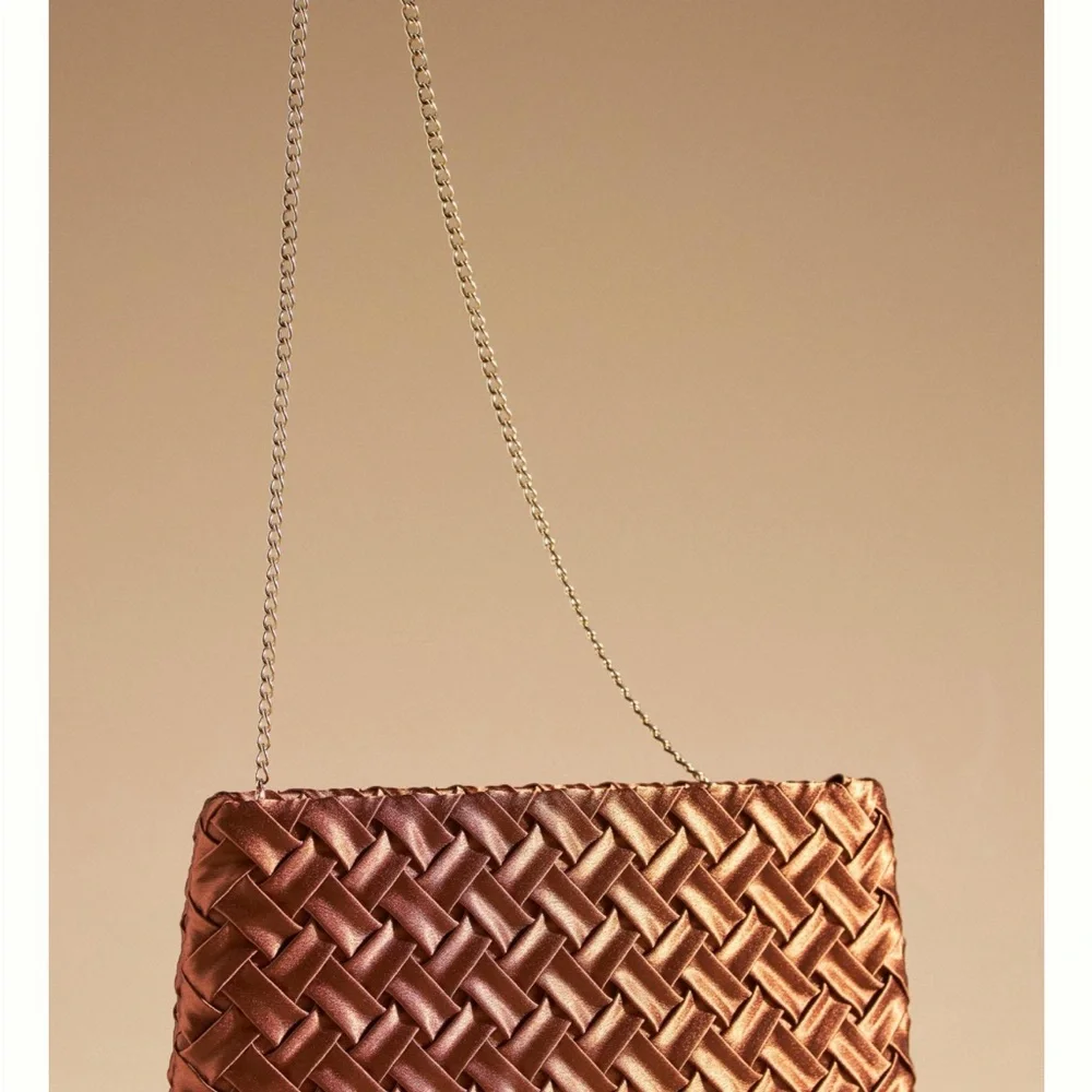 Anthropologie Metallic Copper Woven Satin Clutch with Chain